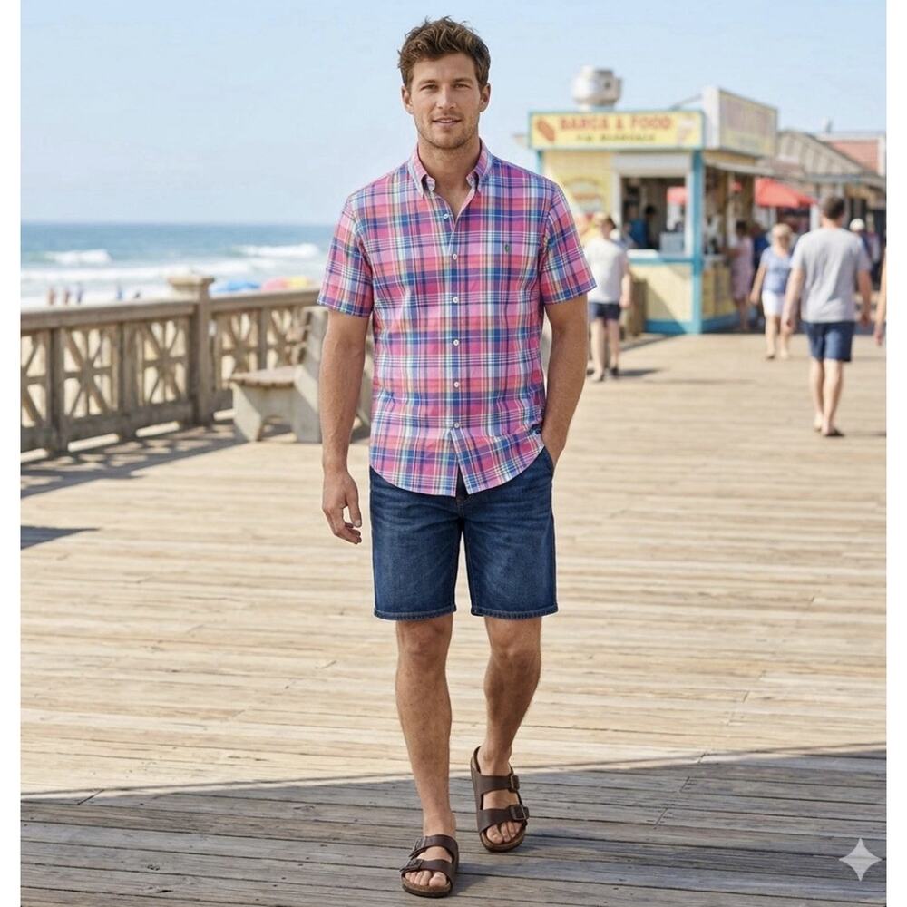 Ralph Lauren Pink Multi Plaid Button Down Short Sleeve Green Pony Large Preppy